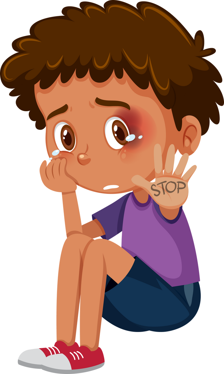 Crying Boy with Bruises Saying Stop on White Background